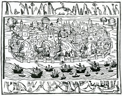 Widok na Lizbonę z Libro de Grandezas y cosas Memoralder de Espana autorstwa Pedro Medina, 1548 autorstwa Spanish School