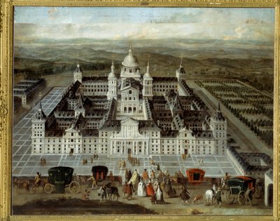 Widok na Pałac Escorial w Hiszpanii zbudowany przez Filipa II w XVI wieku. Anonimowe malarstwo hiszpańskie z XVII wieku. Olej na płótnie. Wymiary: 1,89 x 2,41m. autorstwa Spanish School