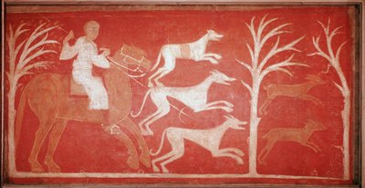 scena polowania przedstawiająca psy biegające za zwierzyną. 1150. Fresk z pustelni Baudelio de Berlanga, Soria. Konserwa w Muzeum Prado. autorstwa Spanish School