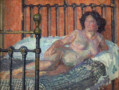Akt na łóżku, ok. 1910 (olej na płótnie) autorstwa Spencer Frederick Gore