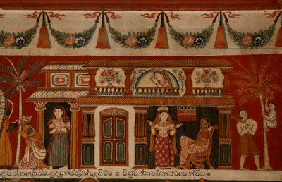 Malowidło ścienne przedstawiające singhalski dom w świątyni Subdharama, Dehiwala (mural) autorstwa Sri Lankan School