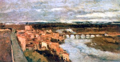 Krajobraz z wioską i mostem, c1855-1892 autorstwa Stanislas Lepine