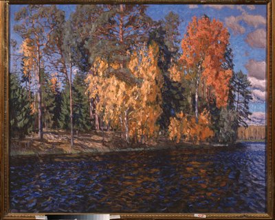 Niebieska woda. Złota jesień. Malarstwo Stanisława Julianowicza Żukowskiego (Żukowski) (1873-1944), olej na płótnie autorstwa Stanislav Joulianovitch Joukovski