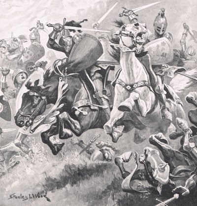 Bitwa pod Shrewsbury, 21 lipca 1403, ilustracja z „British Battles on Land and Sea”, wydanej przez Cassell, Londyn, ok. 1910 autorstwa Stanley L. Wood
