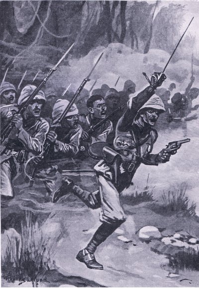 Brytyjczycy szarżujący na Aszanti w Amoaful, 31 stycznia 1874, ilustracja z brytyjskich bitew lądowych i morskich, 1915 autorstwa Stanley L. Wood