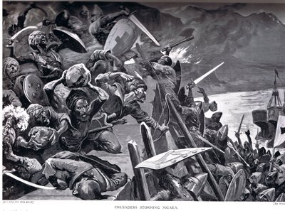 Krzyżowcy szturmujący Niceę, ilustracja z „Historii Narodów Hutchinsona” autorstwa Stanley L. Wood