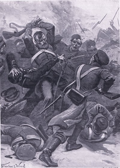 Inkerman: The 55th (2nd Border) Regiment szarżujący na Rosjan, ilustracja z brytyjskich bitew lądowych i morskich, 1915 autorstwa Stanley L. Wood