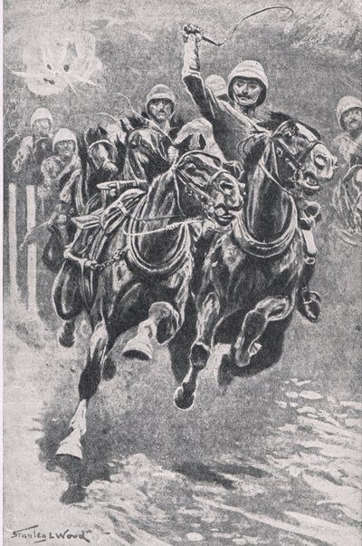 Porucznik Maclaine podnoszący działa w Maiwand, 17 lipca 1880, ilustracja z brytyjskich bitew na lądzie i morzu, 1915 autorstwa Stanley L. Wood