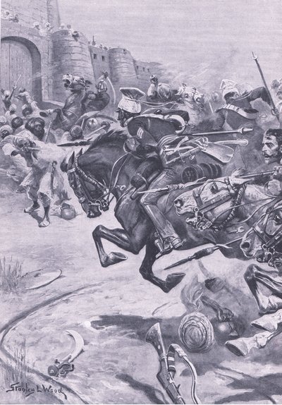 16. Pułk Ułanów i Skórników, wjeżdżający Jats do Bharatpur; grudzień 1825, ilustracja z brytyjskich bitew na lądzie i morzu, 1915 autorstwa Stanley L. Wood