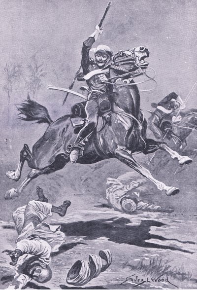 9th Lancers at Delhi, 1857, ilustracja z brytyjskich bitew na lądzie i morzu, 1915 autorstwa Stanley L. Wood