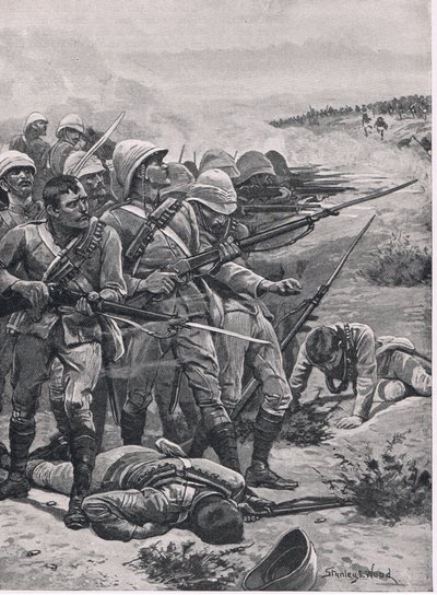 Plac w ABU-Kru, 19 stycznia 1885, ilustracja z brytyjskich bitew lądowych i morskich, 1915 autorstwa Stanley L. Wood