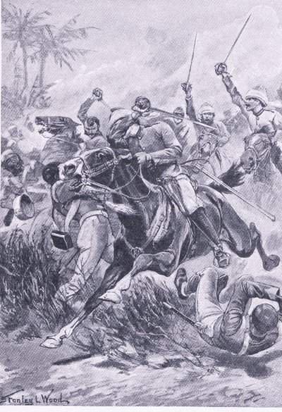Ochotnicza kawaleria pod Lucknow, 30 czerwca 1857, ilustracja z brytyjskich bitew lądowych i morskich, 1915 autorstwa Stanley L. Wood