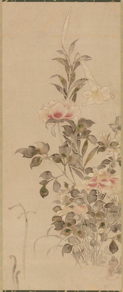 Piwonie i lilie, okres Momoyama lub Edo, 1568-1615. autorstwa Sôtatsu