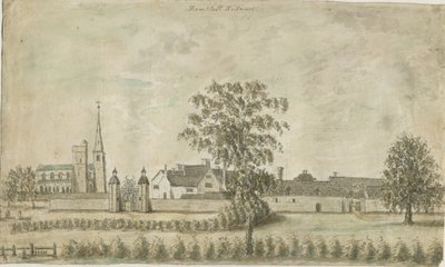 Hamstall Ridware - Kościół i Dwór: akwarela, bd [1762-1802] autorstwa Stebbing Shaw