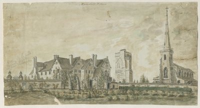 Hamstall Ridware - Kościół i Dwór: akwarela, bd [1762-1802] autorstwa Stebbing Shaw