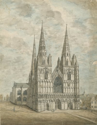 Katedra w Lichfield - Front Zachodni: malarstwo akwarela, bd [1762-1802] autorstwa Stebbing Shaw