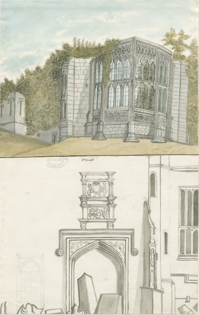 Tixall - Okno gotyckie i antyki heraldyczne: malarstwo akwarelowe, bd [1762-1802] (malarstwo) autorstwa Stebbing Shaw