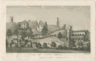 Zamek i kościół Tutbury - widok południowo-wschodni: grawerowanie, nd [1762-1792] (druk) autorstwa Stebbing Shaw