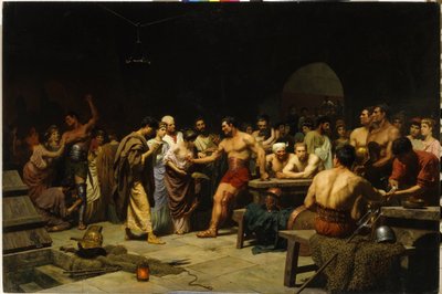 Gladiatorzy przed wejściem na arenę. (Gladiatorzy przed pojawieniem się na arenie). Rzymscy patrycjusze odwiedzają i oceniają sylwetkę gladiatorów przed walką, kobiety schlebiają i gratulują walczącym. Malarstwo Stepana ( autorstwa Stefan Vladislavovich Bakalowicz