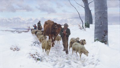 Powrót z targu po opadach śniegu, przed 1877 (olej na płótnie) autorstwa Stefano Bruzzi