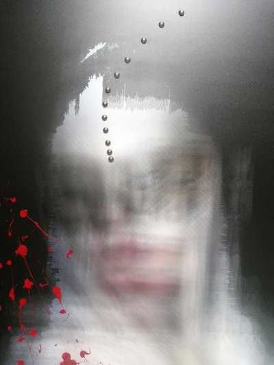 Abstrakcyjna twarz z czerwonymi zaciekami autorstwa Stefano Mazzolini