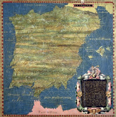 Mapa Hiszpanii w XVI wieku, z „Sala delle Carte Geografiche” (Sala Map Geograficznych) 1575 (olej na panelu) autorstwa Stefano and Danti Egnazio Bonsignori