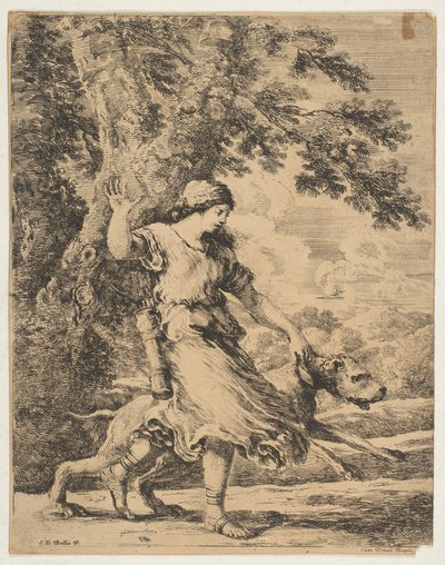 Nimfa trzymająca za obrożę dużego psa, ca. 1654. autorstwa Stefano della Bella