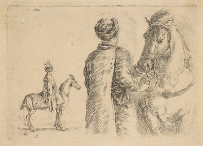 Polski luzak od tyłu trzymający konia za uzdę ok. godz. 1662. autorstwa Stefano della Bella