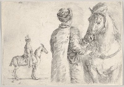 Polski lokaj, widziany z tyłu, trzymający uzdę konia w prawo, polski hor..., ca. 1662. autorstwa Stefano della Bella