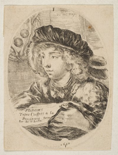 Popiersie młodzieńca w czapce z piórami, zwróconego o trzy czwarte w lewo, ..., 1650. autorstwa Stefano della Bella