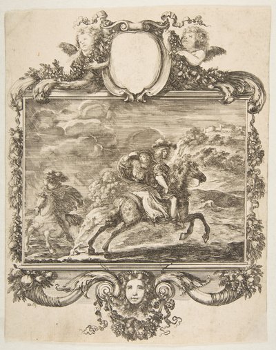Kawaler i dama na koniu, w ozdobnej obwódce ozdobionej owocami i c..., ca. 1655. autorstwa Stefano della Bella