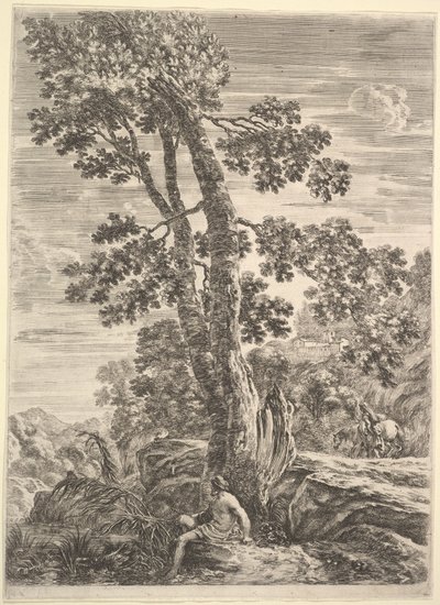 Rybak pośrodku zwrócony w lewo i oparty o duże drzewo, idąca kobieta..., ok. godz. 1652-57. autorstwa Stefano della Bella