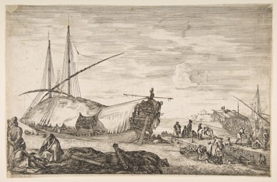 Kuchnia okryta żaglami po lewej, na pierwszym planie sześć armat i cztery osoby, jedna..., 1655. autorstwa Stefano della Bella