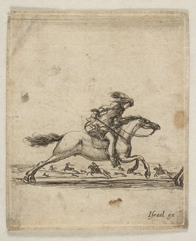 Jeździec z mieczem w ręku galopuje w prawo, inni jeźdźcy galopują..., ok. godz. 1645-46. autorstwa Stefano della Bella