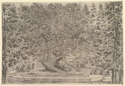 Duże, zamieszkałe drzewo pośrodku z rampami prowadzącymi wokół pnia, pod kamienną pa…, ca. 1653. autorstwa Stefano della Bella