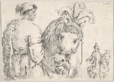 Mężczyzna po lewej z profilu dający garść siana koniowi pośrodku, jeździec do..., ca. 1662. autorstwa Stefano della Bella