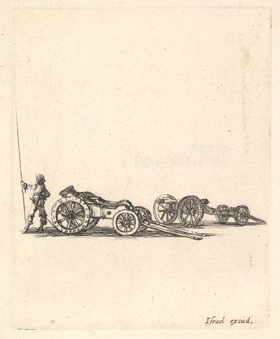 Moździerz i działo, oba na wozach, żołnierz ukazany z tyłu, ok. godz. 1638-43. autorstwa Stefano della Bella