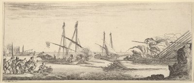 Bitwa morska, łódź wiosłowa pełna ludzi po lewej, tonący statek po prawej, dwie galery ba..., ca. 1641. autorstwa Stefano della Bella