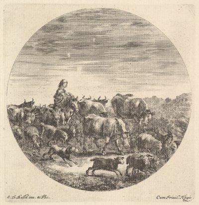 Chłopka siedząca na koniu w lewo, przodem w prawo, otoczona przez stado fc..., ca. 1643-48. autorstwa Stefano della Bella