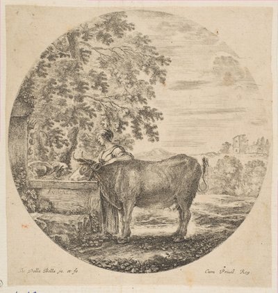 Chłopka z krową przy fontannie ozdobionej herbami Medyceuszy, z Six an..., ca. 1646. autorstwa Stefano della Bella