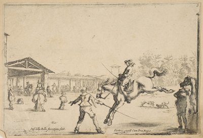 Ujeżdżalnia, jeździec ze skokami na miecze kierowany przez innego mężczyznę z mieczem w..., ca. 1645. autorstwa Stefano della Bella
