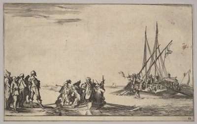 Łódź wiosłowa pełna mężczyzn w środku, grupa mężczyzn stojących na brzegu po lewej, statek pełen…, 1639. autorstwa Stefano della Bella