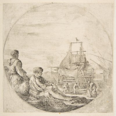 Siedzący biały marynarz i stojący czarny marynarz, w tle ludzie budujący statek..., ok. godz. 1660. autorstwa Stefano della Bella