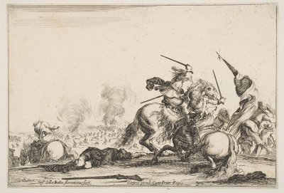 Potyczka, dwóch jeźdźców walczących na miecze w prawo, ludzie niosący flagę w biegu..., ca. 1645. autorstwa Stefano della Bella