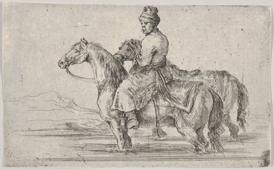 Lokaj zabierający dwa konie do kąpieli, siedzący na jednym koniu w rzece, na drugim obok..., ca. 1662. autorstwa Stefano della Bella