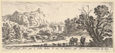 W tle wodospad schodzący z gór, różne zwierzęta i..., ca. 1641. autorstwa Stefano della Bella