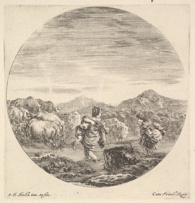 Kobieta niosąca dziecko pośrodku, widziana z tyłu, inna kobieta po prawej, twarzą..., ok. godz. 1643-48. autorstwa Stefano della Bella