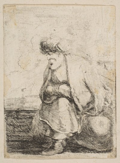 Stary Turek siedzący na kamieniu, ca. 1662. autorstwa Stefano della Bella