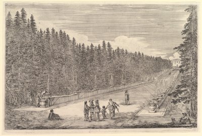 Aleja fontann, grupa ludzi pośrodku, mężczyzna i pies siedzący po prawej stronie, dwie..., ca. 1653. autorstwa Stefano della Bella