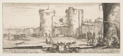 Wejście do twierdzy w centrum, kobieta z dzieckiem siedząca przy ognisku po prawej, sol..., ok. godz. 1641. autorstwa Stefano della Bella